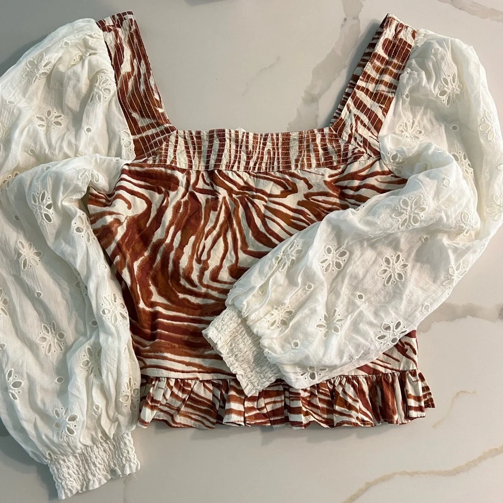 Love The Label - Mocha Stripe Print Smocked Top with White Eyelet Sleeves